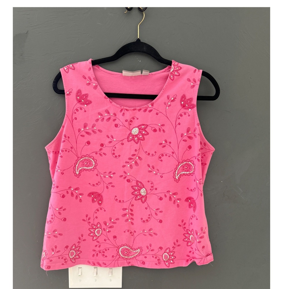 Y2k Fairy Pink Floral Paisley Embroidered Sequin Tank Top XL Womens